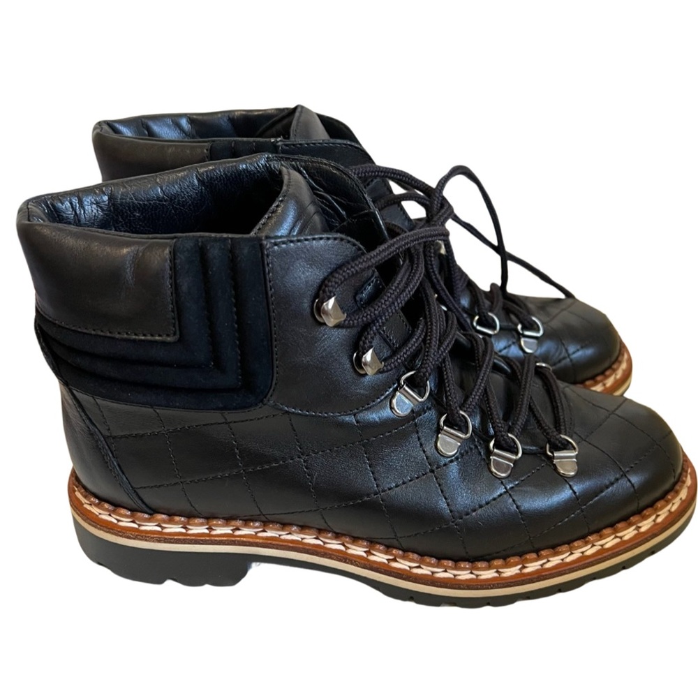 Chanel combat black leather quilted lace up boots